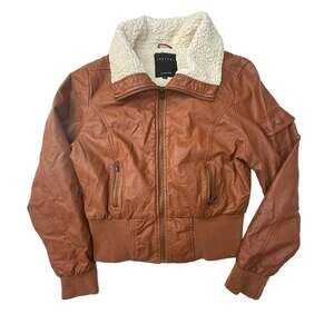Therapy by Lane Crawford Brown Faux Leather Bomber Jacket with Sherpa Collar